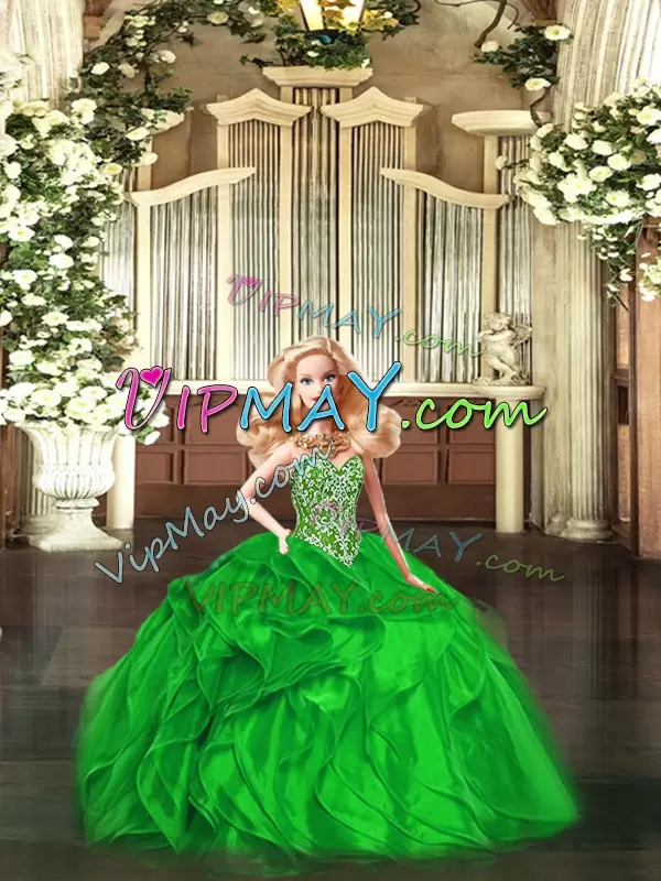 Custom Made Green Sweetheart Neckline Beading and Ruffles Sweet 16 Dress Sleeveless Lace Up