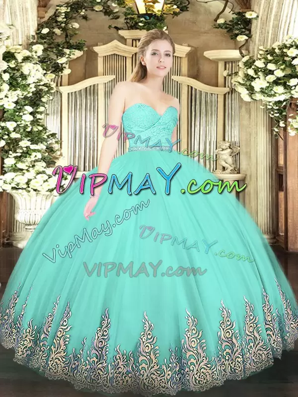 Modern Tulle Sleeveless Floor Length Sweet 16 Quinceanera Dress and Beading and Lace and Appliques