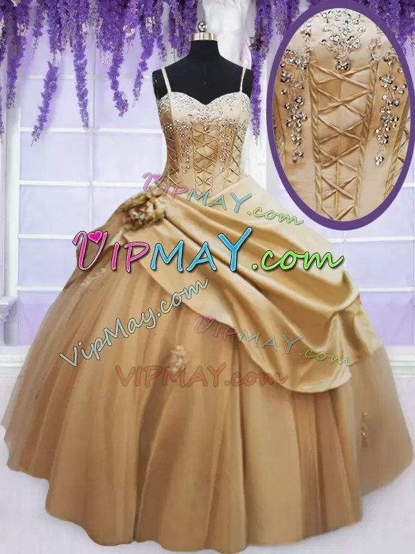 Champagne Ball Gowns Spaghetti Straps Sleeveless Taffeta Floor Length Lace Up Beading and Appliques and Hand Made Flower Quince Ball Gowns