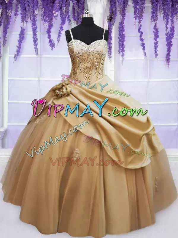 Champagne Ball Gowns Spaghetti Straps Sleeveless Taffeta Floor Length Lace Up Beading and Appliques and Hand Made Flower Quince Ball Gowns