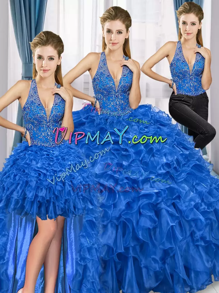 Admirable Royal Blue Organza Lace Up Halter Top Sleeveless Floor Length Vestidos de Quinceanera Beading and Ruffles