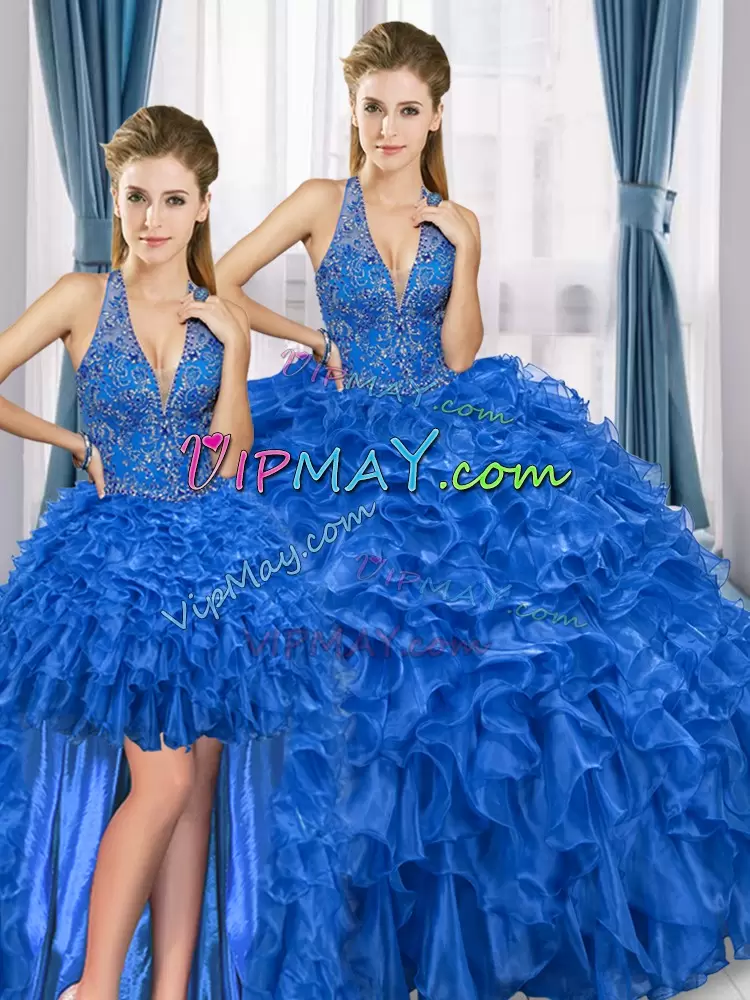 Admirable Royal Blue Organza Lace Up Halter Top Sleeveless Floor Length Vestidos de Quinceanera Beading and Ruffles