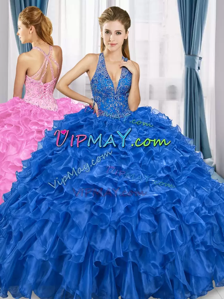 Admirable Royal Blue Organza Lace Up Halter Top Sleeveless Floor Length Vestidos de Quinceanera Beading and Ruffles