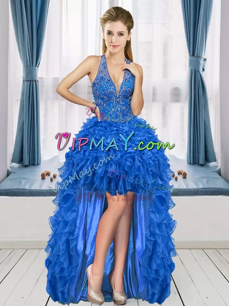 Admirable Royal Blue Organza Lace Up Halter Top Sleeveless Floor Length Vestidos de Quinceanera Beading and Ruffles