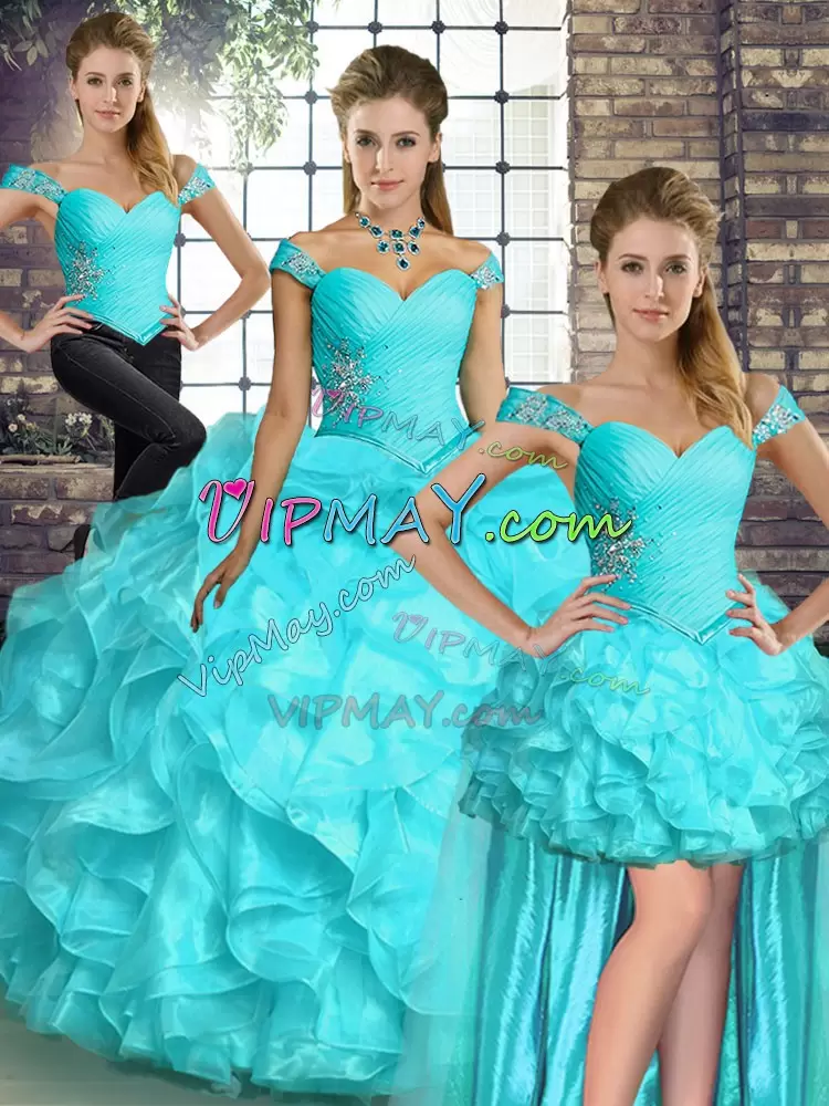 Low Price Beading and Ruffles Sweet 16 Quinceanera Dress Aqua Blue Lace Up Sleeveless Floor Length