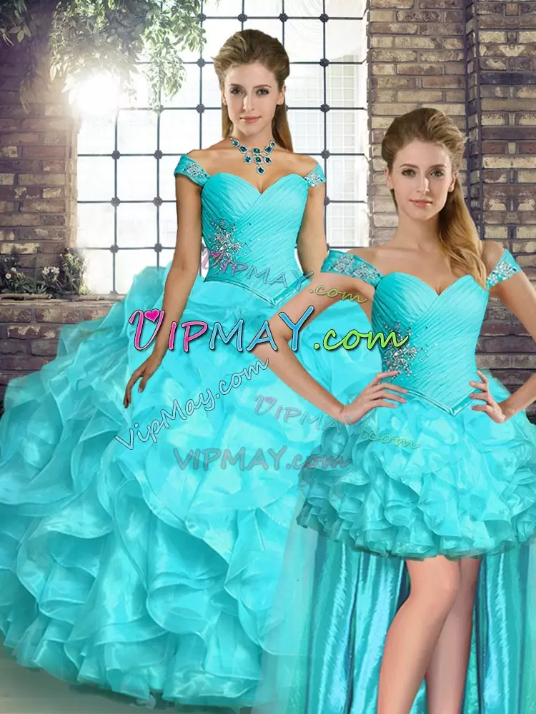 Low Price Beading and Ruffles Sweet 16 Quinceanera Dress Aqua Blue Lace Up Sleeveless Floor Length