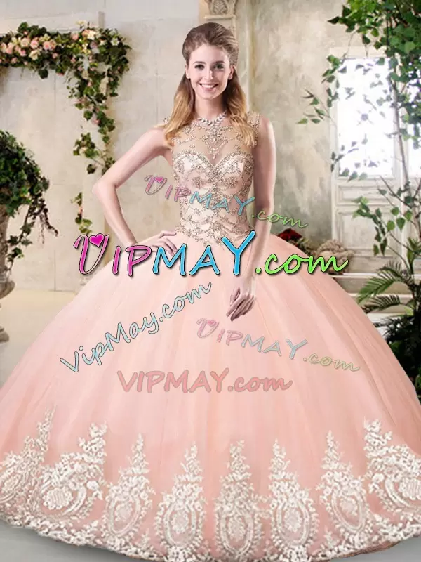 Luxurious Floor Length Peach Vestidos de Quinceanera Scoop Sleeveless Backless