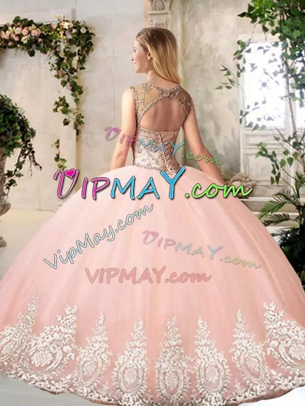 Luxurious Floor Length Peach Vestidos de Quinceanera Scoop Sleeveless Backless