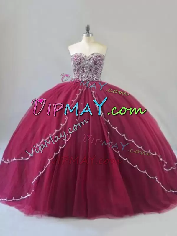 Sweetheart Sleeveless Brush Train Lace Up Quince Ball Gowns Burgundy Tulle Beading