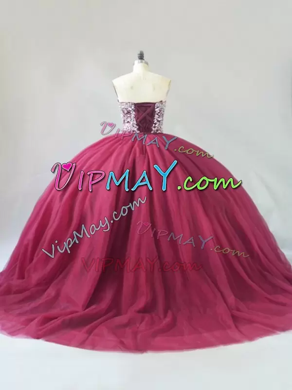 Sweetheart Sleeveless Brush Train Lace Up Quince Ball Gowns Burgundy Tulle Beading