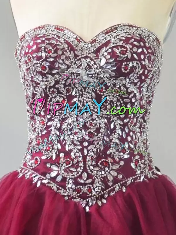 Sweetheart Sleeveless Brush Train Lace Up Quince Ball Gowns Burgundy Tulle Beading