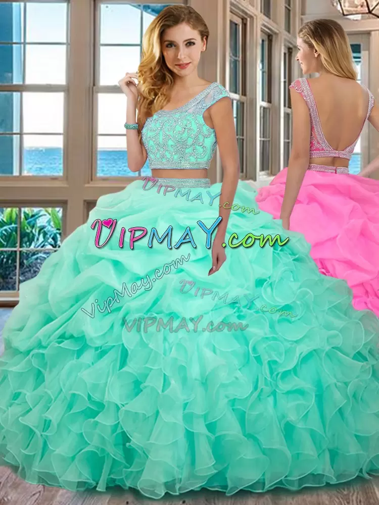 New Style Apple Green Scoop Backless Beading and Ruffles Sweet 16 Dresses Cap Sleeves