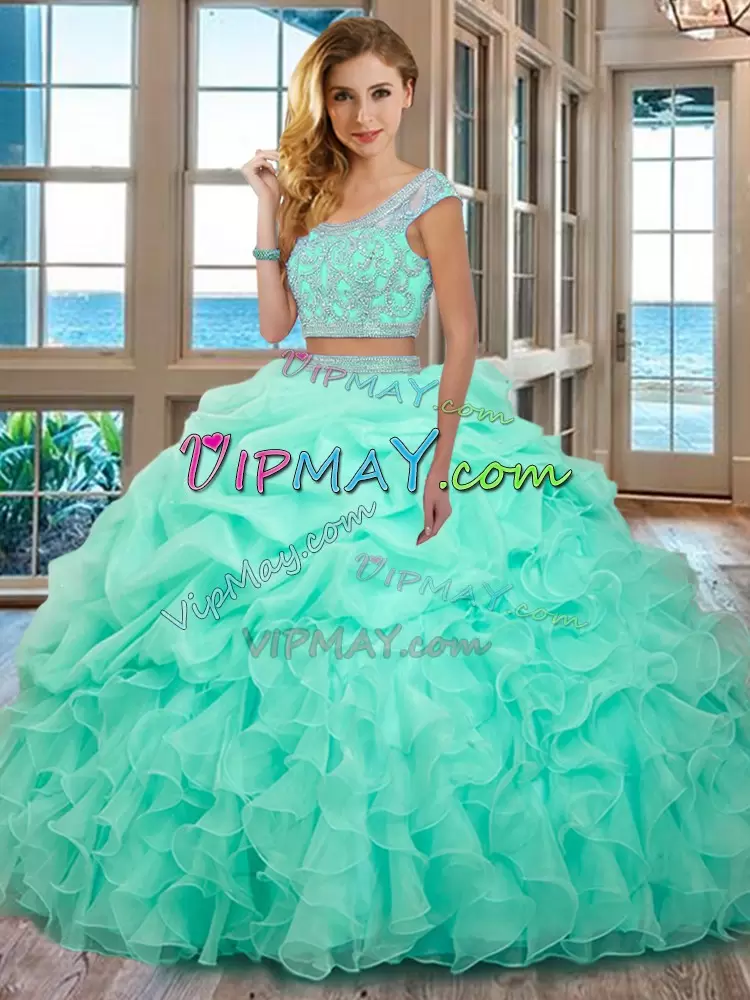 New Style Apple Green Scoop Backless Beading and Ruffles Sweet 16 Dresses Cap Sleeves