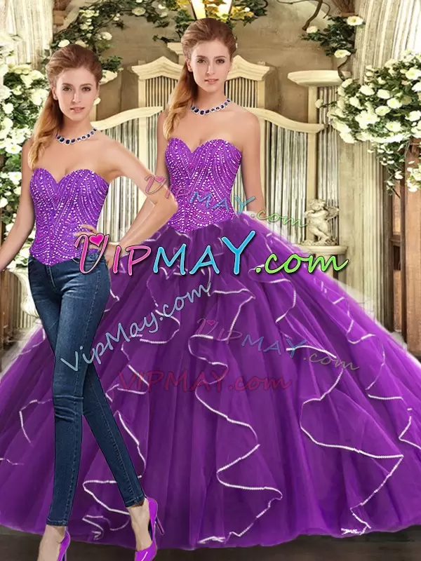 Shining Floor Length Eggplant Purple Vestidos de Quinceanera Sweetheart Sleeveless Lace Up