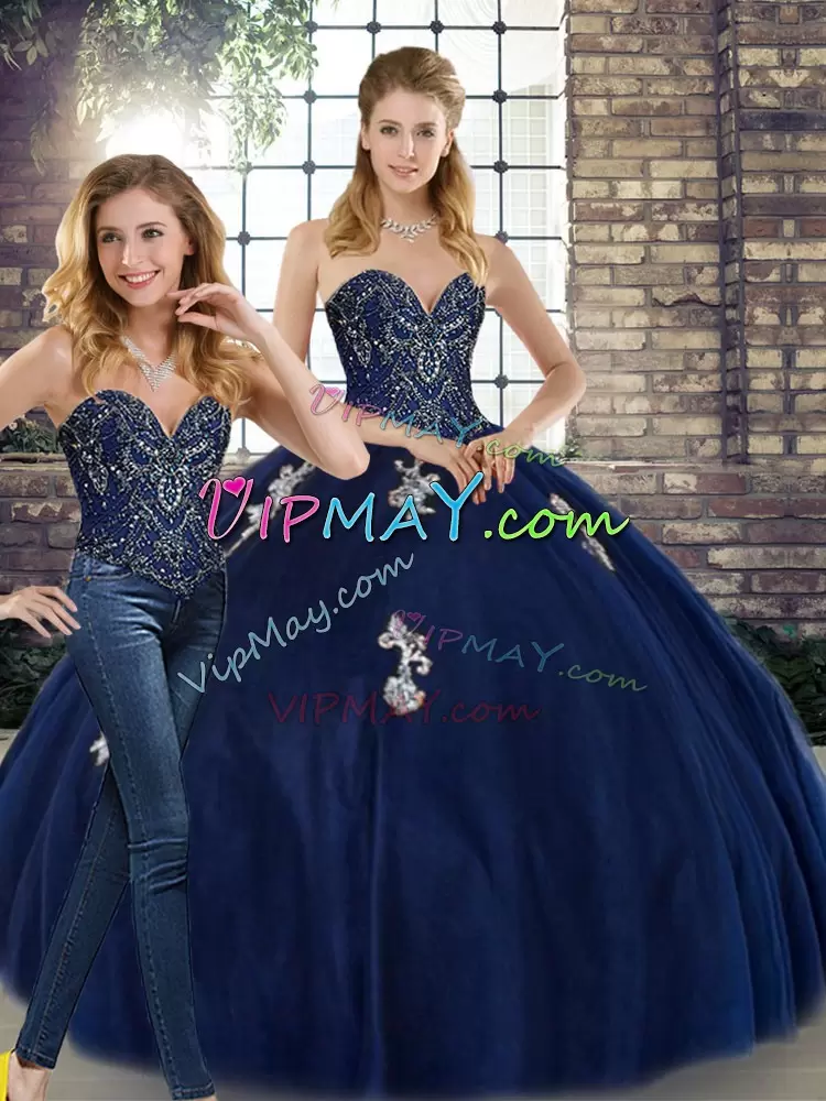 Fitting Navy Blue Sleeveless Floor Length Beading and Appliques Lace Up Quinceanera Gowns Sweetheart