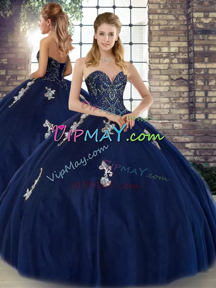 Fitting Navy Blue Sleeveless Floor Length Beading and Appliques Lace Up Quinceanera Gowns Sweetheart