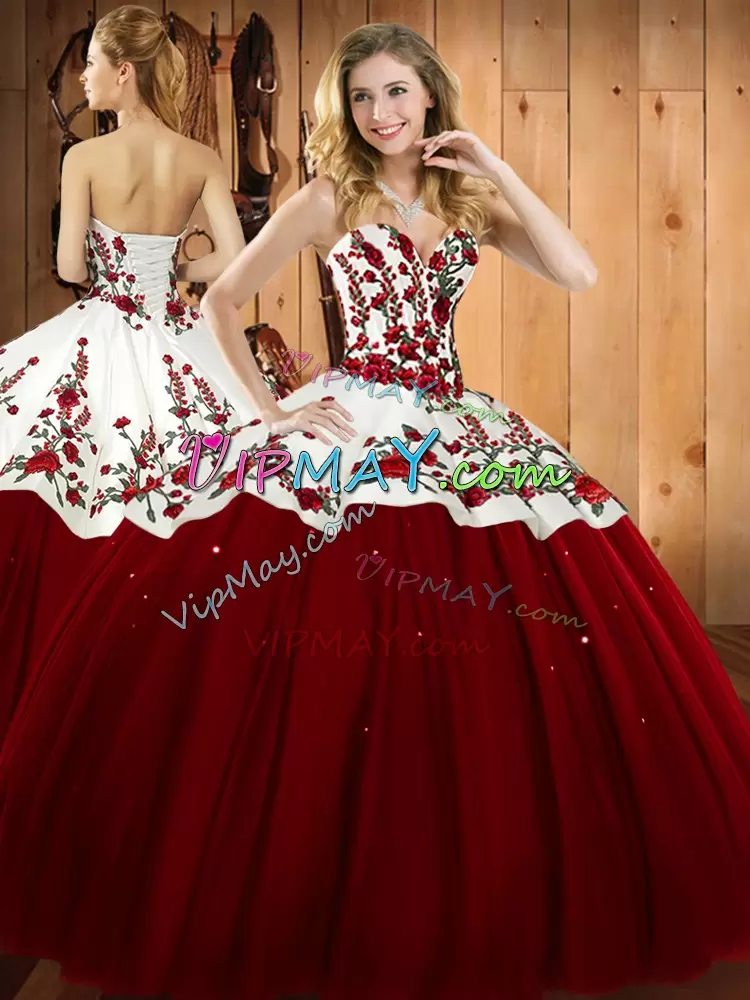 Fancy Ball Gowns Quinceanera Dress Wine Red Sweetheart Satin and Tulle Sleeveless Floor Length Lace Up