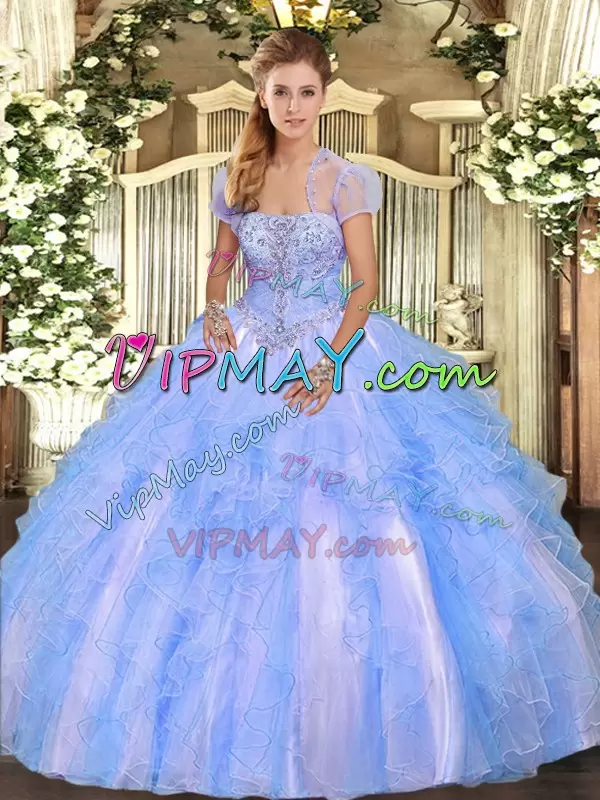 Baby Blue Lace Up Quince Ball Gowns Appliques and Ruffles Sleeveless Floor Length