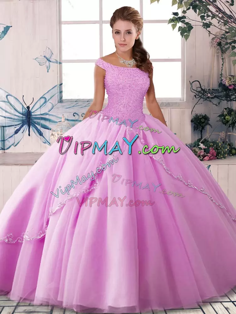 Tulle Off The Shoulder Sleeveless Brush Train Lace Up Beading Sweet 16 Dresses in Lilac