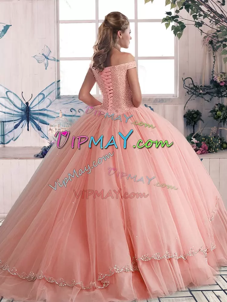 Tulle Off The Shoulder Sleeveless Brush Train Lace Up Beading Sweet 16 Dresses in Lilac