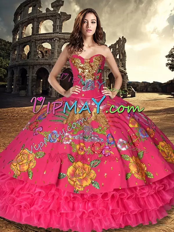 Pretty Red Sleeveless Floor Length Embroidery and Ruffled Layers Lace Up Sweet 16 Dress Sweetheart