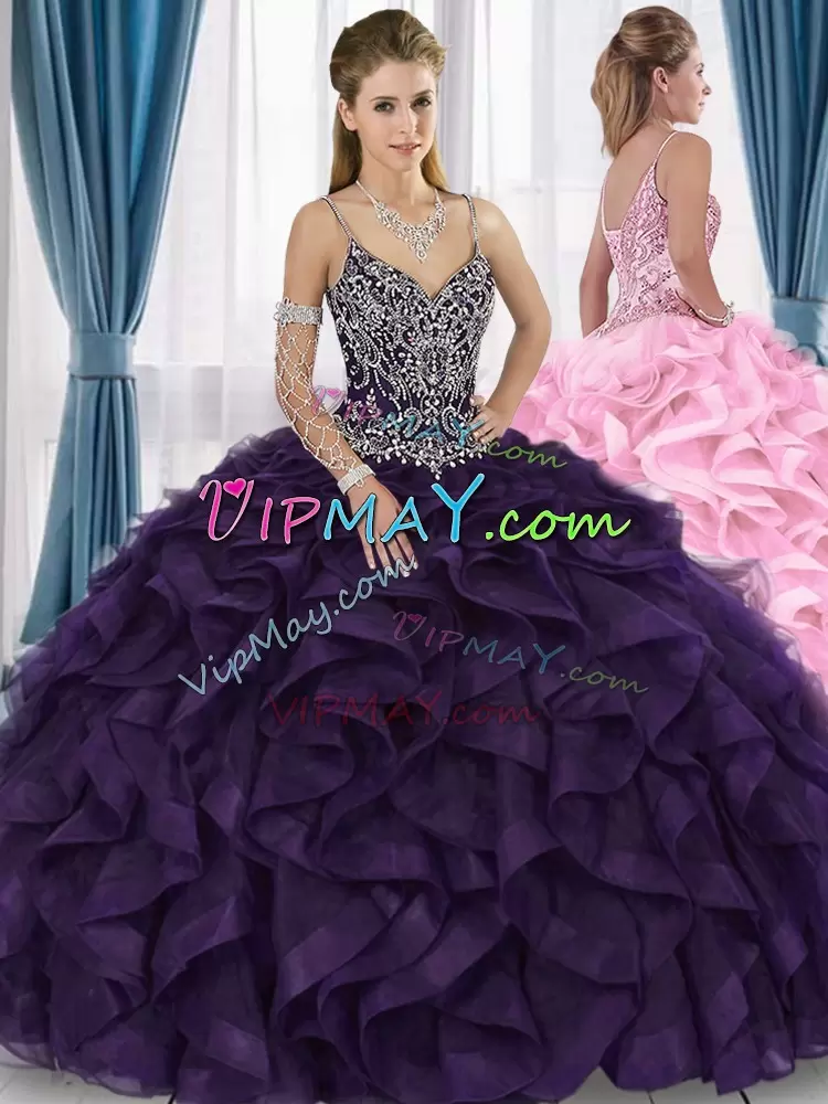 Purple Lace Up 15 Quinceanera Dress Beading and Ruffles Sleeveless Floor Length