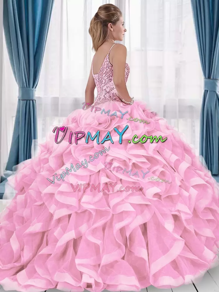 Purple Lace Up 15 Quinceanera Dress Beading and Ruffles Sleeveless Floor Length