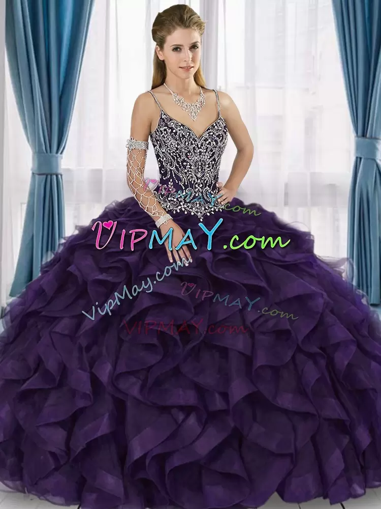 Purple Lace Up 15 Quinceanera Dress Beading and Ruffles Sleeveless Floor Length