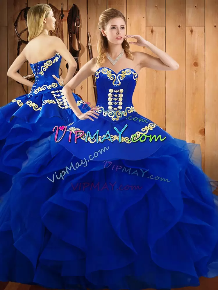 Blue Lace Up Sweetheart Embroidery and Ruffles Quinceanera Gown Organza Sleeveless