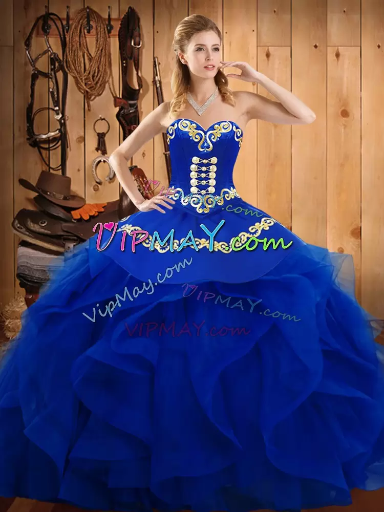 Blue Lace Up Sweetheart Embroidery and Ruffles Quinceanera Gown Organza Sleeveless