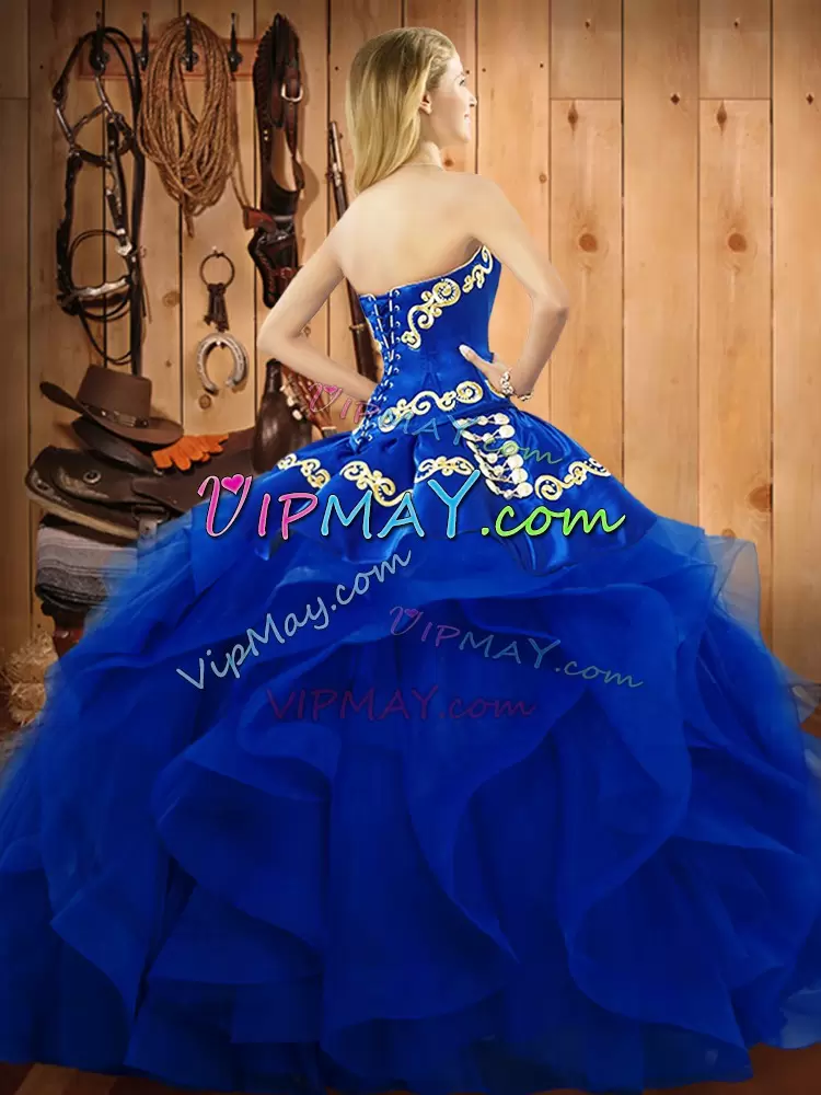 Blue Lace Up Sweetheart Embroidery and Ruffles Quinceanera Gown Organza Sleeveless