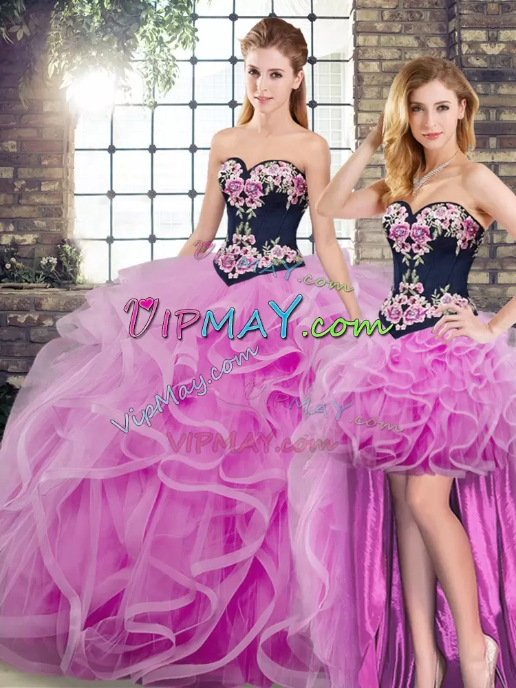 Exquisite Sleeveless Sweetheart Sweep Train Lace Up Embroidery and Ruffles 15th Birthday Dress Sweetheart