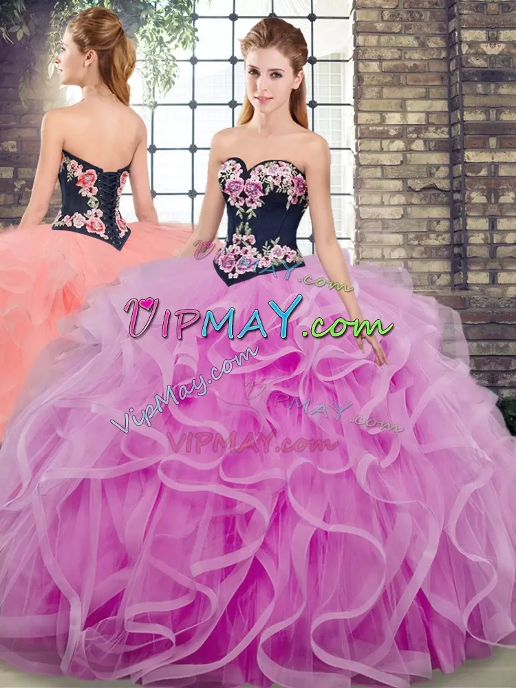 Exquisite Sleeveless Sweetheart Sweep Train Lace Up Embroidery and Ruffles 15th Birthday Dress Sweetheart