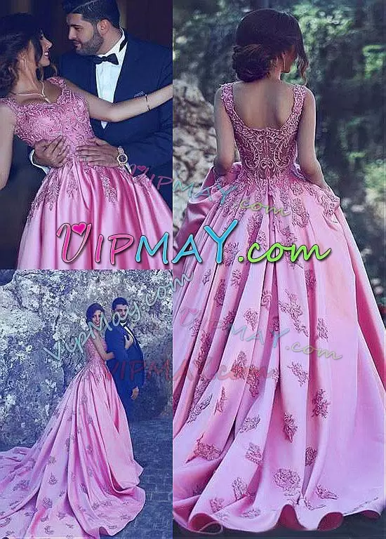 Satin Sleeveless Quinceanera Dresses Chapel Train and Beading and Lace and Appliques