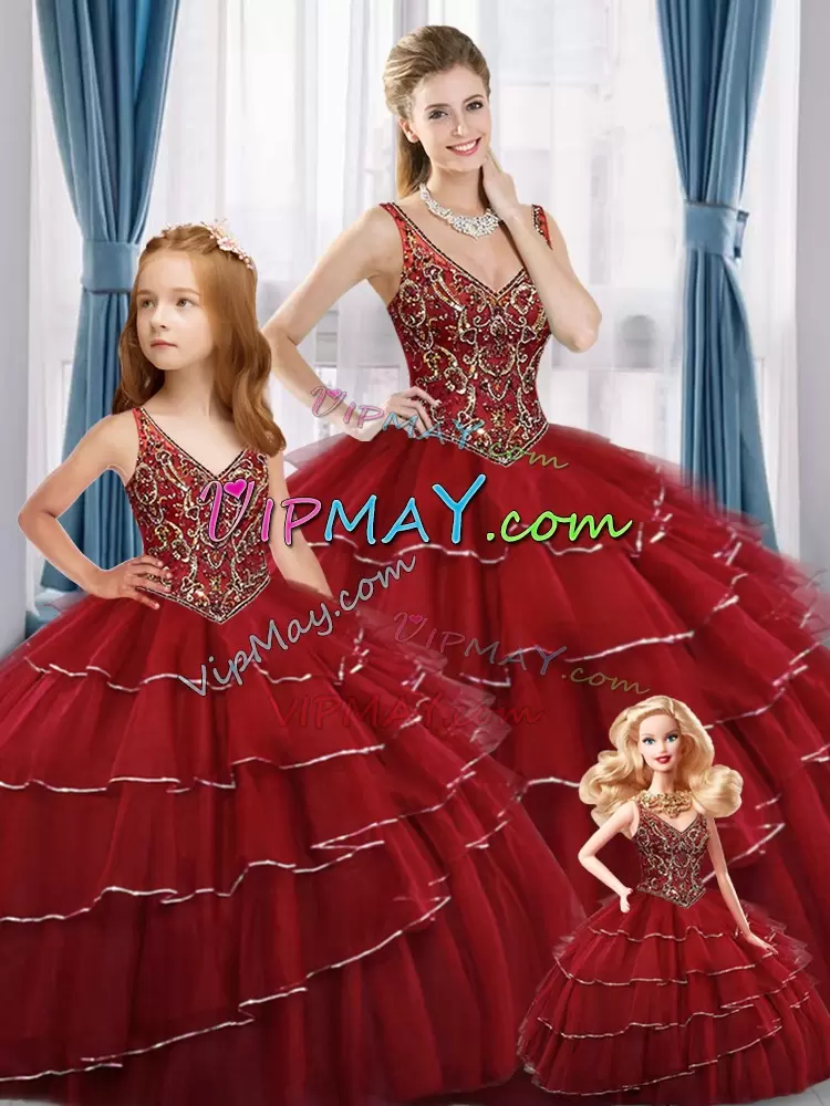 Red Ball Gowns Beading and Ruffled Layers Vestidos de Quinceanera Lace Up Tulle Sleeveless High Low