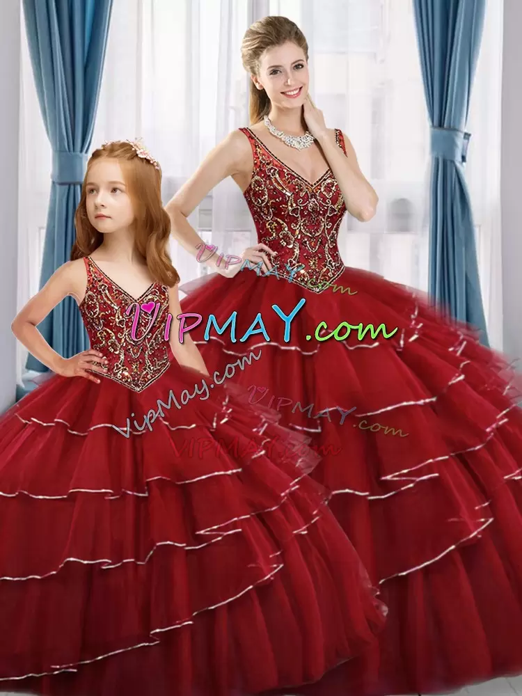 Red Ball Gowns Beading and Ruffled Layers Vestidos de Quinceanera Lace Up Tulle Sleeveless High Low