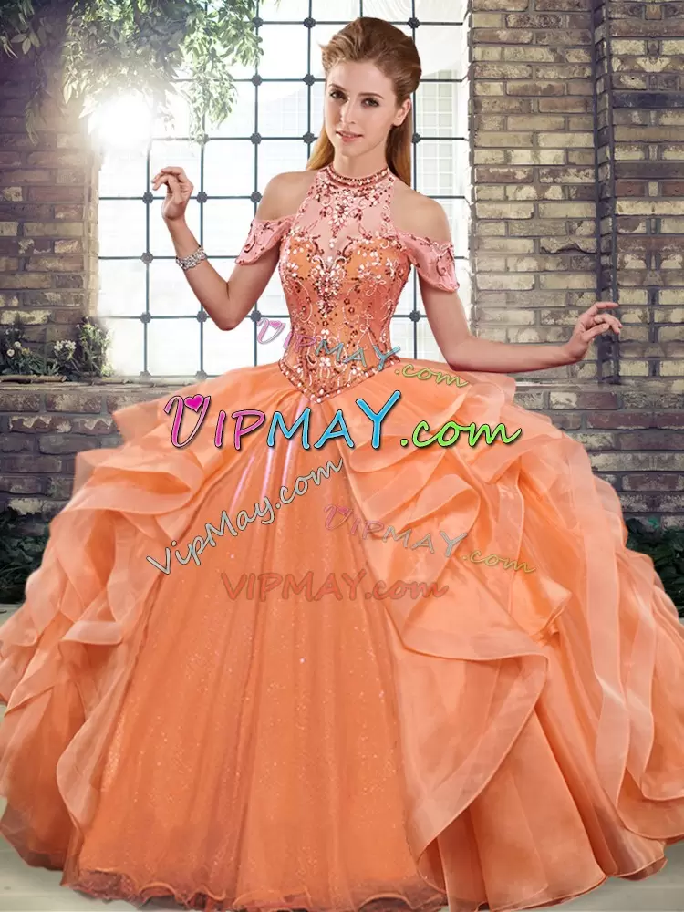 Captivating Orange Sleeveless Beading and Ruffles Floor Length Quinceanera Dress