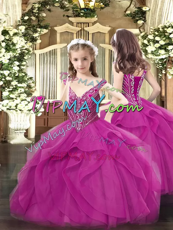 Suitable Beading and Ruffles Quince Ball Gowns Fuchsia Lace Up Sleeveless Floor Length
