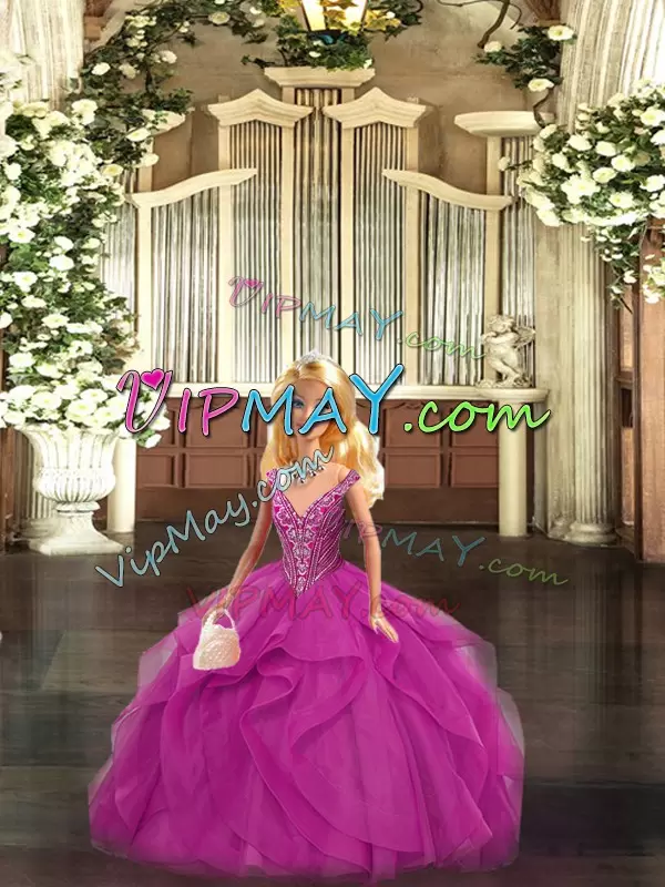 Suitable Beading and Ruffles Quince Ball Gowns Fuchsia Lace Up Sleeveless Floor Length