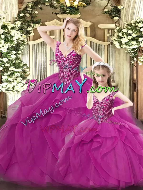 Suitable Beading and Ruffles Quince Ball Gowns Fuchsia Lace Up Sleeveless Floor Length