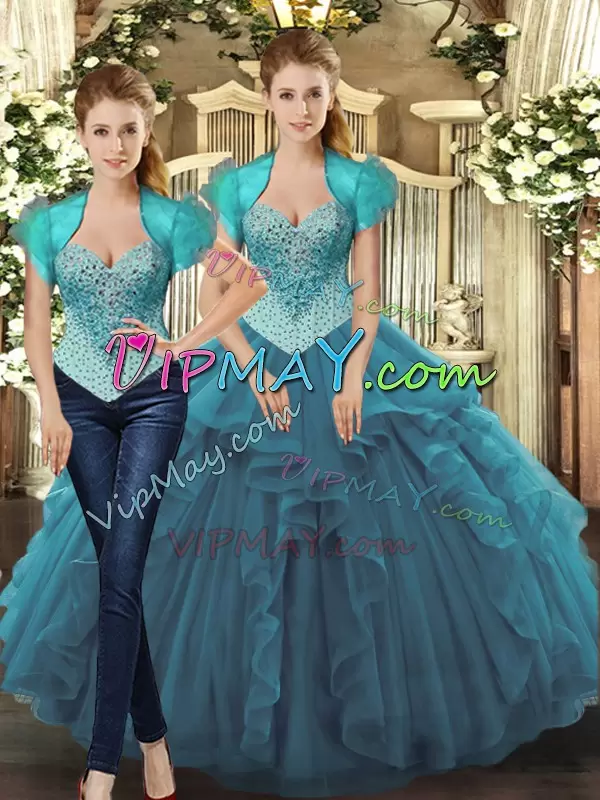 Sleeveless Floor Length Beading and Ruffles Lace Up Sweet 16 Dresses with Teal