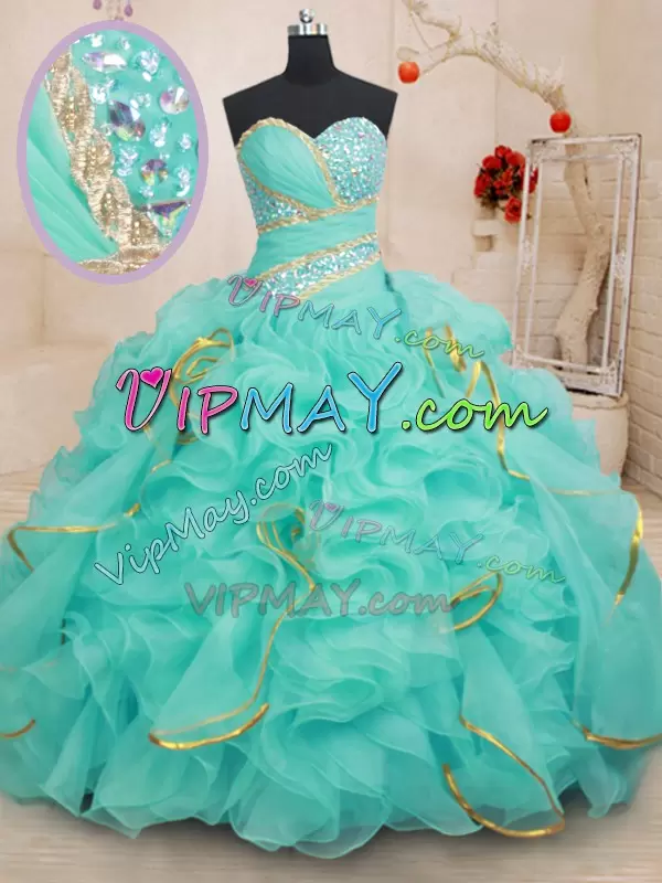 Free and Easy Sleeveless Sweetheart Lace Up Floor Length Beading and Ruffles and Sequins Quince Ball Gowns Sweetheart