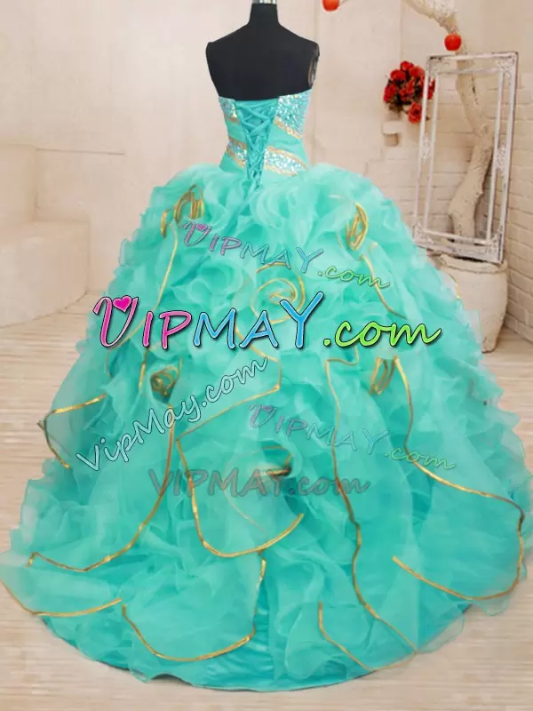 Free and Easy Sleeveless Sweetheart Lace Up Floor Length Beading and Ruffles and Sequins Quince Ball Gowns Sweetheart