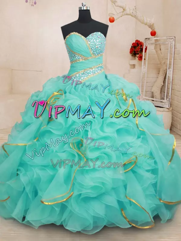 Free and Easy Sleeveless Sweetheart Lace Up Floor Length Beading and Ruffles and Sequins Quince Ball Gowns Sweetheart