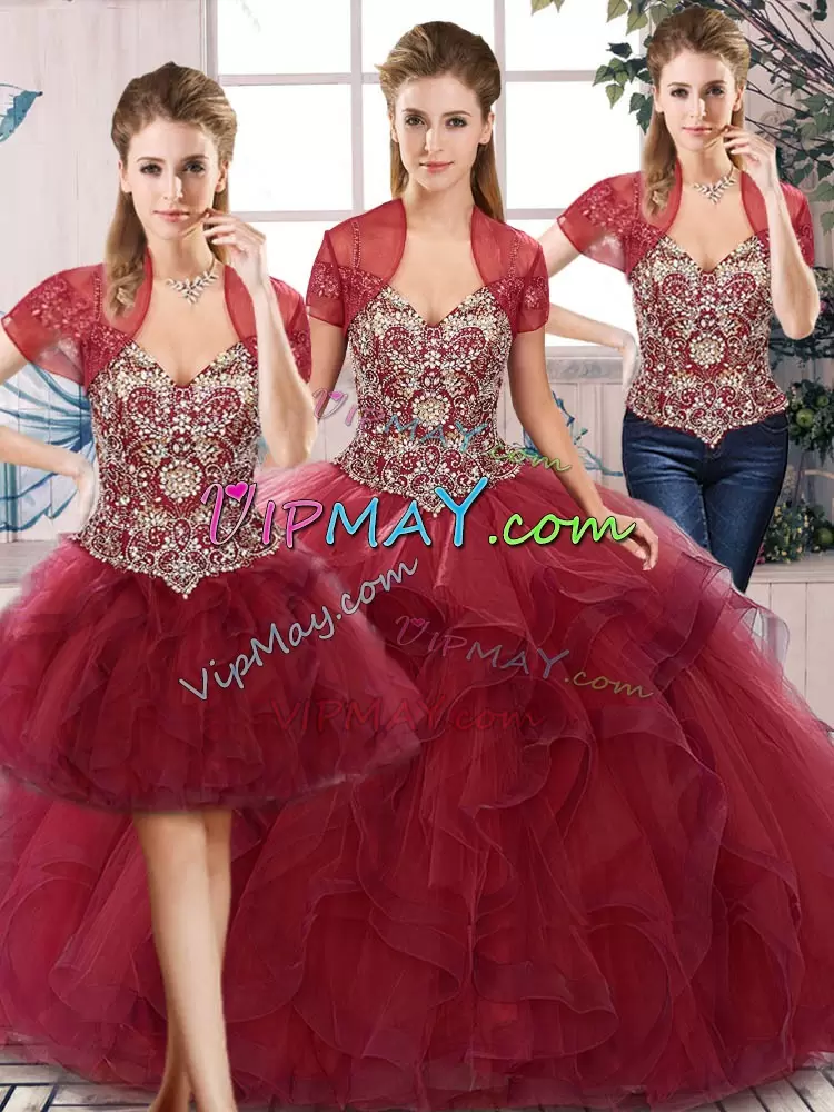 Floor Length Burgundy Vestidos de Quinceanera Tulle Sleeveless Beading and Ruffles