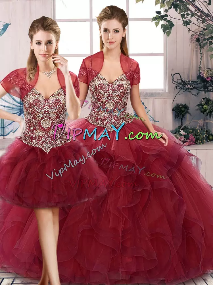 Floor Length Burgundy Vestidos de Quinceanera Tulle Sleeveless Beading and Ruffles