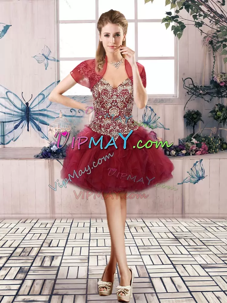 Floor Length Burgundy Vestidos de Quinceanera Tulle Sleeveless Beading and Ruffles