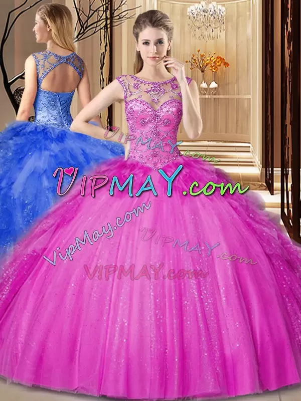 Scoop Sleeveless Vestidos de Quinceanera Floor Length Beading and Ruffles Hot Pink Tulle