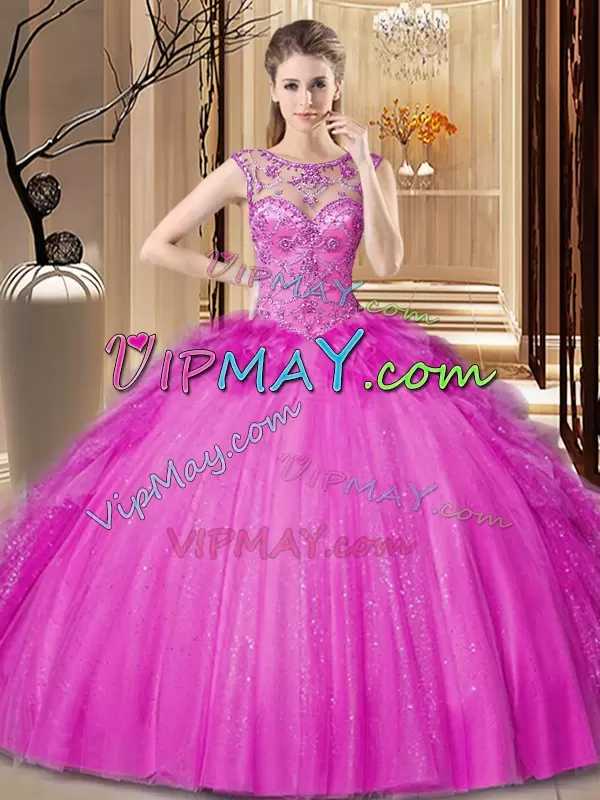 Scoop Sleeveless Vestidos de Quinceanera Floor Length Beading and Ruffles Hot Pink Tulle