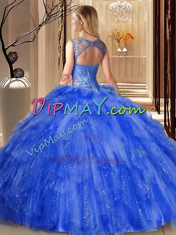 Scoop Sleeveless Vestidos de Quinceanera Floor Length Beading and Ruffles Hot Pink Tulle